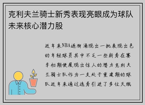 克利夫兰骑士新秀表现亮眼成为球队未来核心潜力股