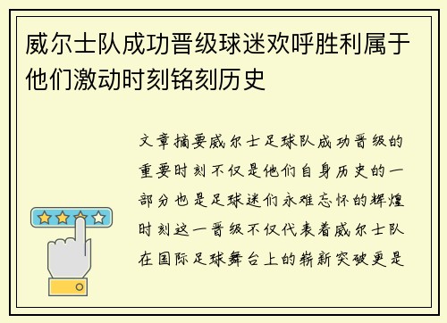 威尔士队成功晋级球迷欢呼胜利属于他们激动时刻铭刻历史