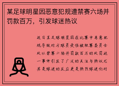 某足球明星因恶意犯规遭禁赛六场并罚款百万，引发球迷热议